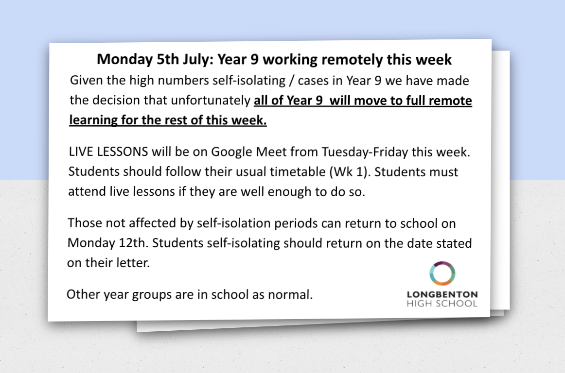 Image of ALL of Year 9 remote learning remainder of this week (5.07.21)
