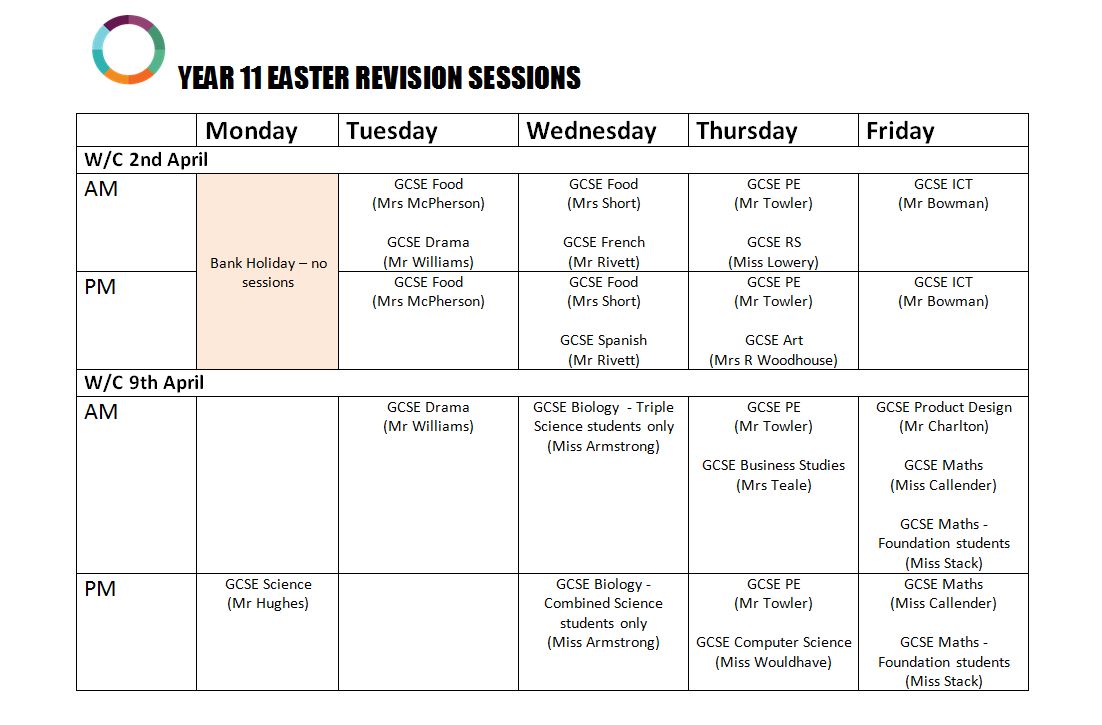 Image of Year 11 Easter Revision Timetable 