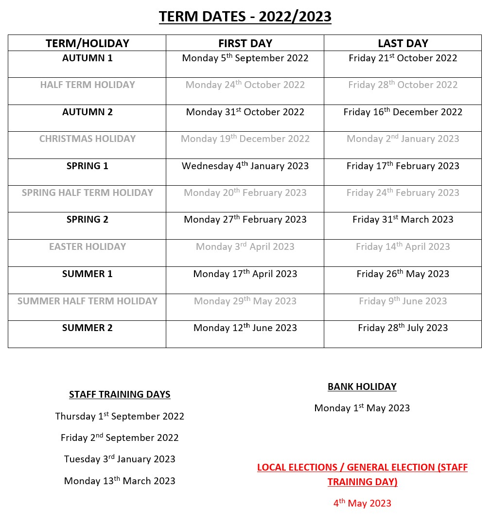 Image of Term Dates 22/23