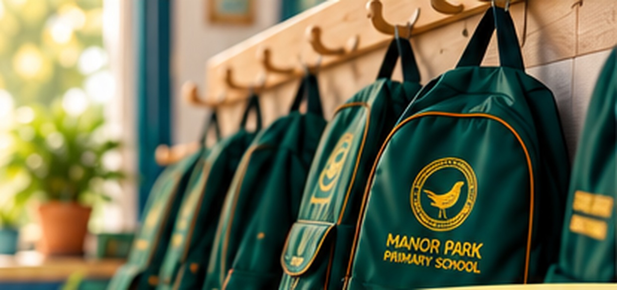 Green school bags on coat pegs in a welcoming learning environment