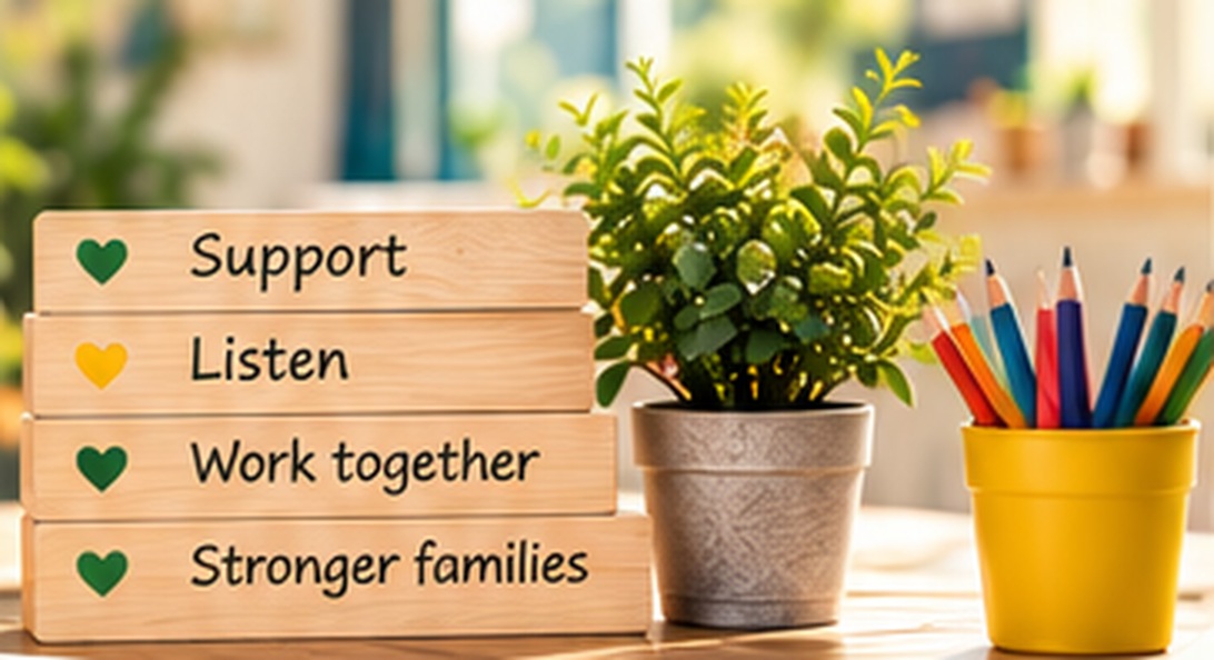 Wooden signs reading Support, Listen, Work together and Stronger families, beside a plant