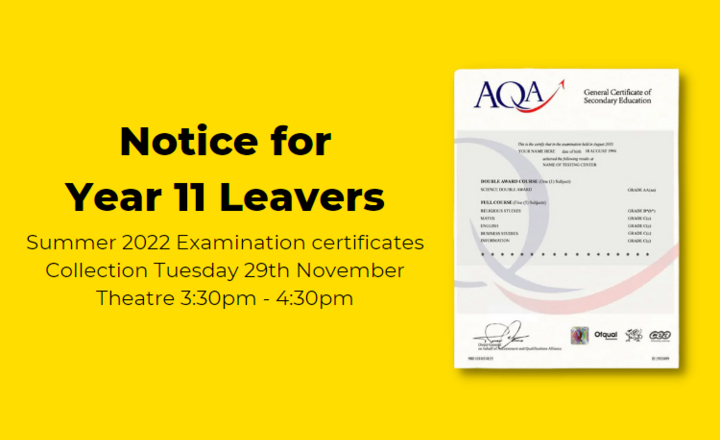 Image of Notice for Year 11 leavers - Summer 2022 Examination certificates