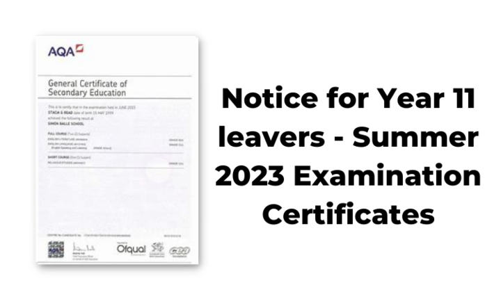 Image of Notice for Year 11 leavers - Summer 2023 Examination Certificates