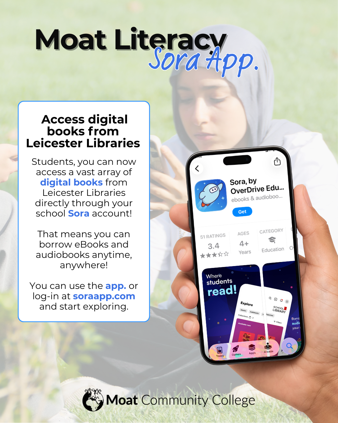 A visual containing an image of an hand holding a mobile phone. In the background is a teenager on a phone and there are also instructions on accessing digital books from Leicester Libaries.