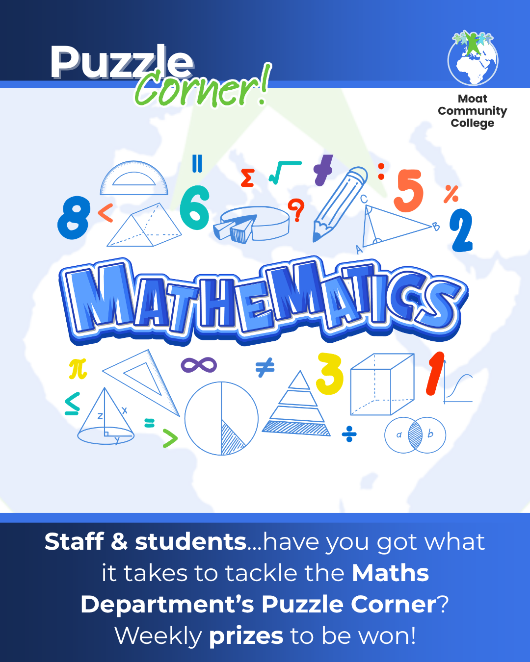 A visual containing graphics of various pieces of Maths equipment. There are blue blocks of colour at the top and bottom. The word Mathematics appears in the centre. The Moat globe motif can be seen faintly in the background. 