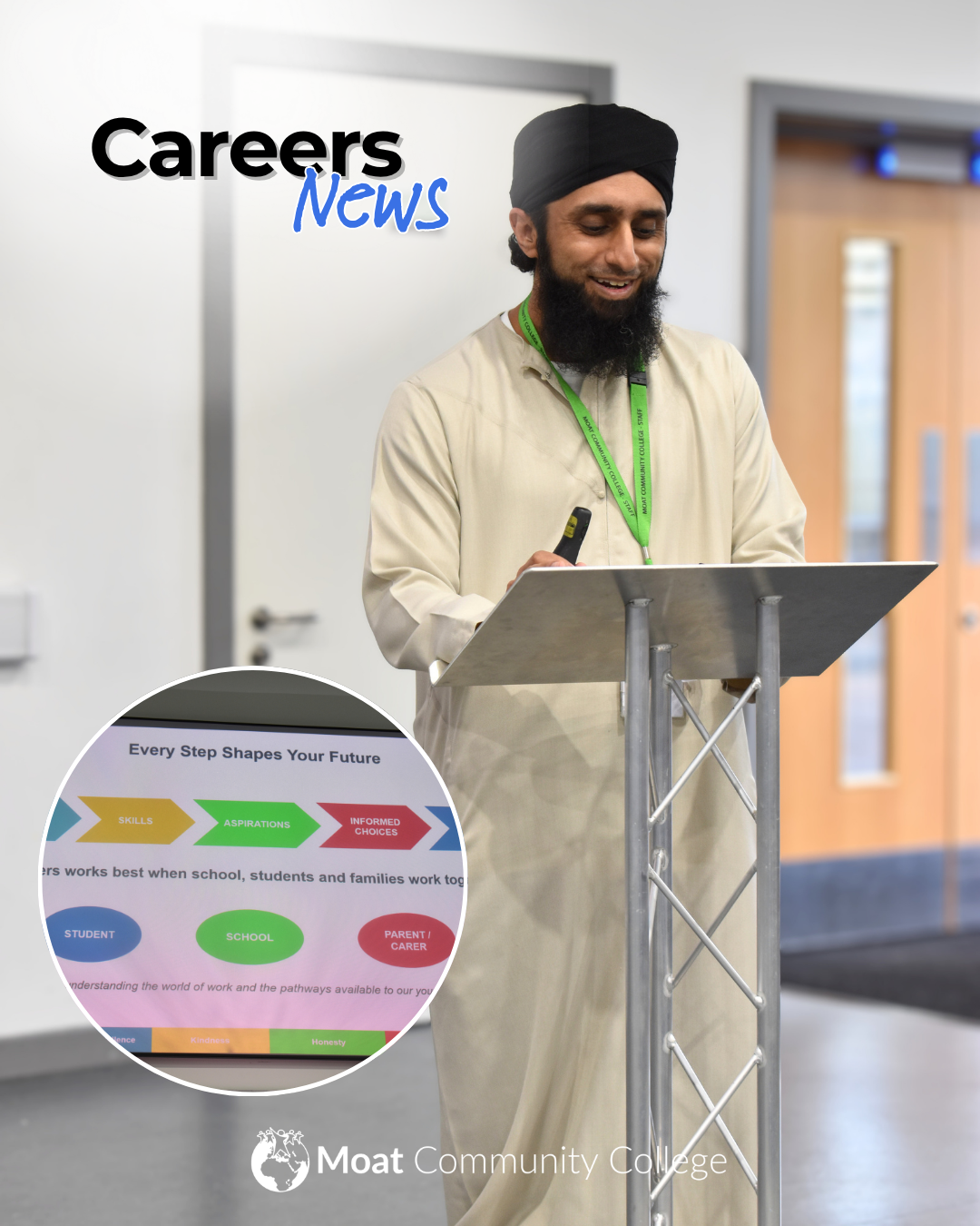 An image of Mr Farouk standing at a lectern. He is pictured smiling. To the left of him is a circular image showing one of the slides from the presentation, displayed on a TV screen.