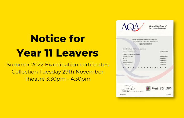 Image of Notice for Year 11 leavers - Summer 2022 Examination certificates