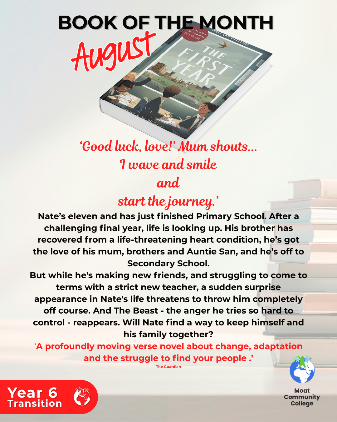 An image of the book, 'The First Year'. In the background a stack of different books can be seen. Text on the visual provides a description of the content of the book.