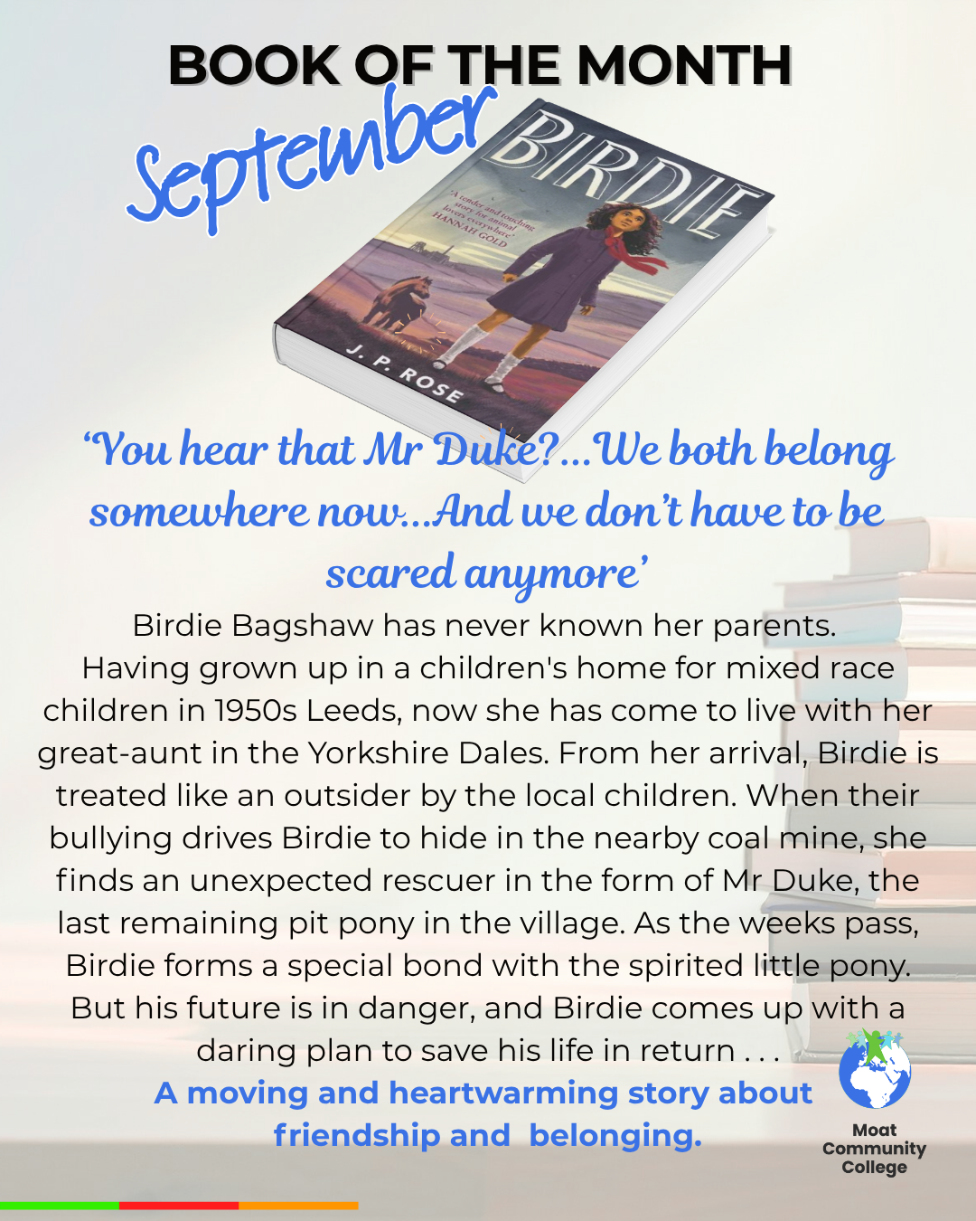 An image of the book, Mr Duke. A stack of books can be seen in the background. Text on the visual reads, ‘Book of the Month September’.