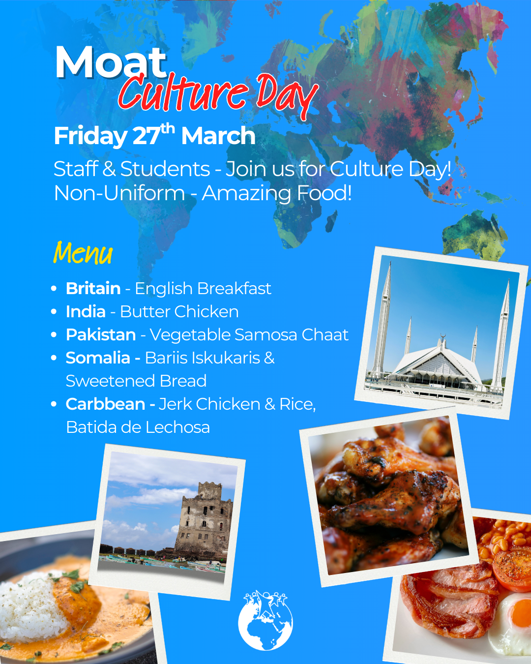 A bright blue visual with images of food and landmarks from around the world. The school Culture Day menu is also listed.