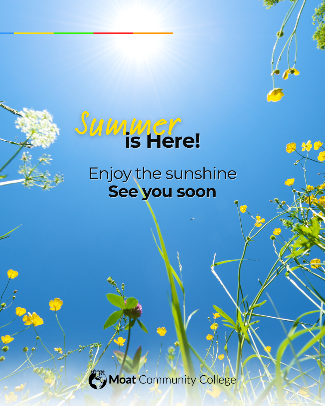 An image of a blue sky and sunshine. The photograph is taken looking up through a frame of wildflowers. Text on the visual reads, ‘Summer is Here! Enjoy the sunshine. See you soon.’ The Moat College logo appears in black at the base.