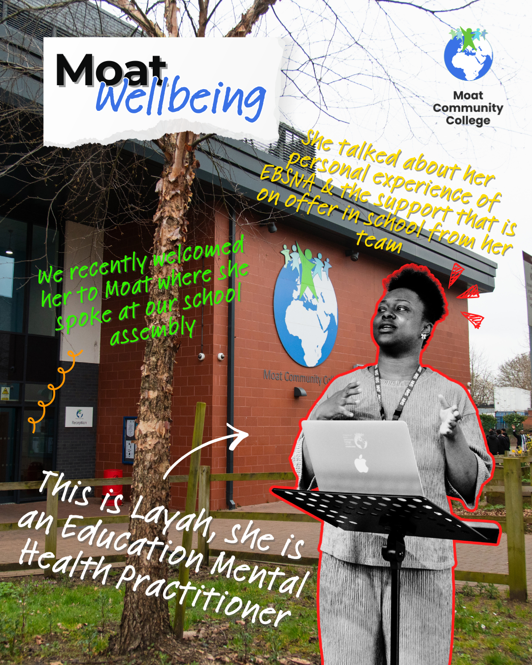 An image of Moat College, with a cut-out, black and white image of Layla an Education Mental Health Practitioner. She is standing at a lectern, with a laptop open on top. She is pictured giving a talk. The title of the visual reads: ‘Moat Wellbeing’.