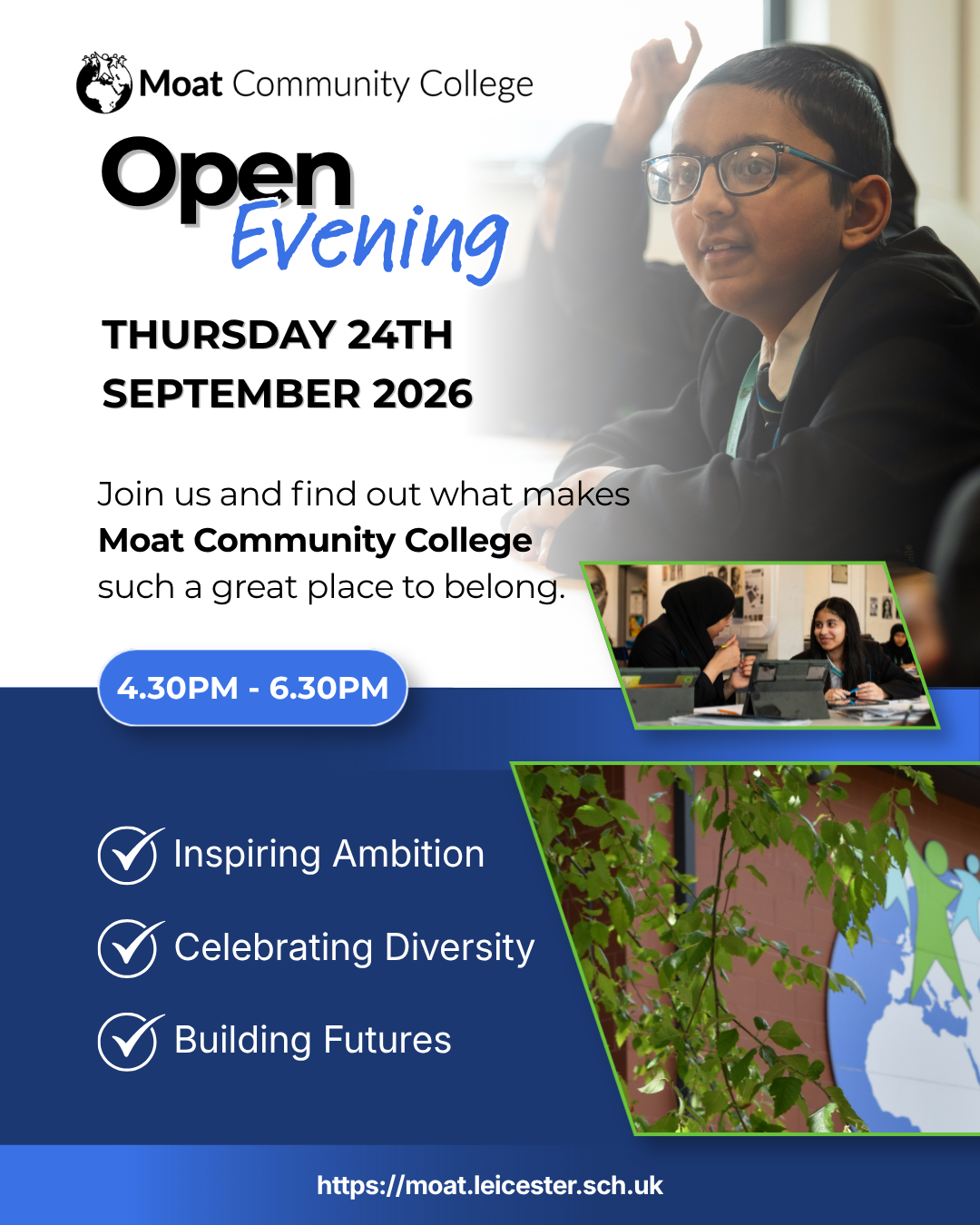 An Open Evening advertisement, featuring a male student in the top left. Images of two female students and the outside of the school can also be seen. Text on the post reads ‘Open Evening. Thursday 24th September 2026. 