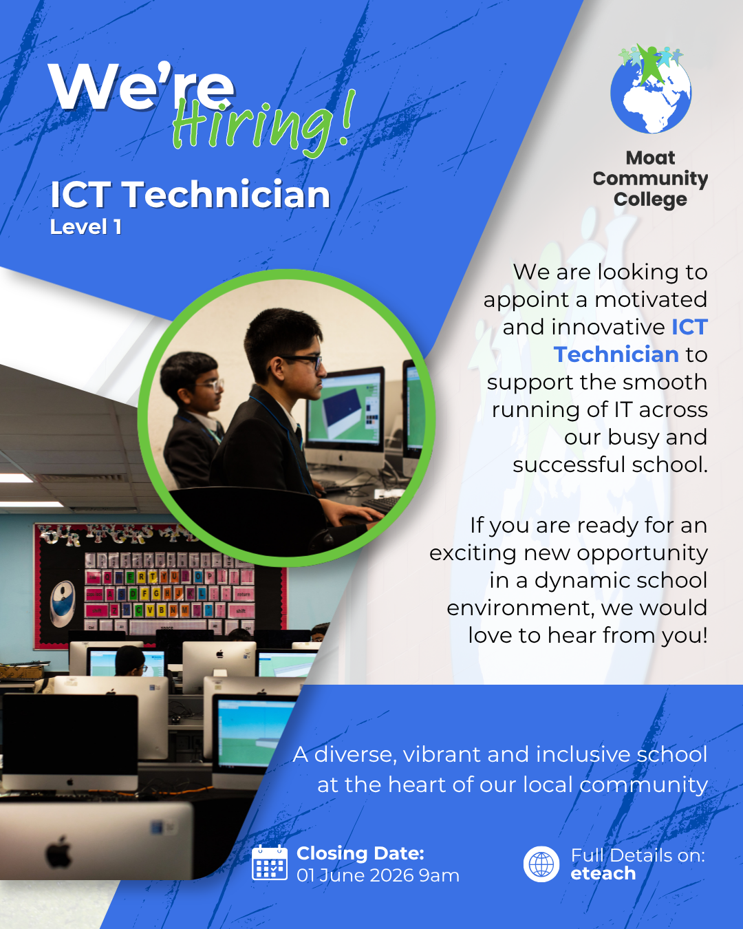 A visual featuring blocks of bright blue and images of Moat Community College and one of its ICT classrooms. 