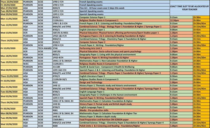 Image of Summer 2020 GCSE exam timetable