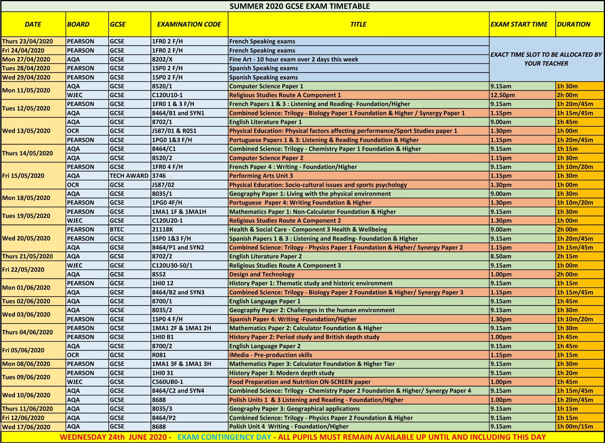 Image of Summer 2020 GCSE exam timetable