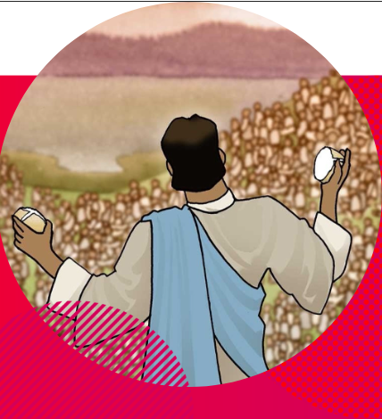 Image of And taking the five loaves and the two fish, He looked up to Heaven and said a blessing over them. Then He broke the loaves and gave them to the disciples to set before the crowd. Luke 9:16