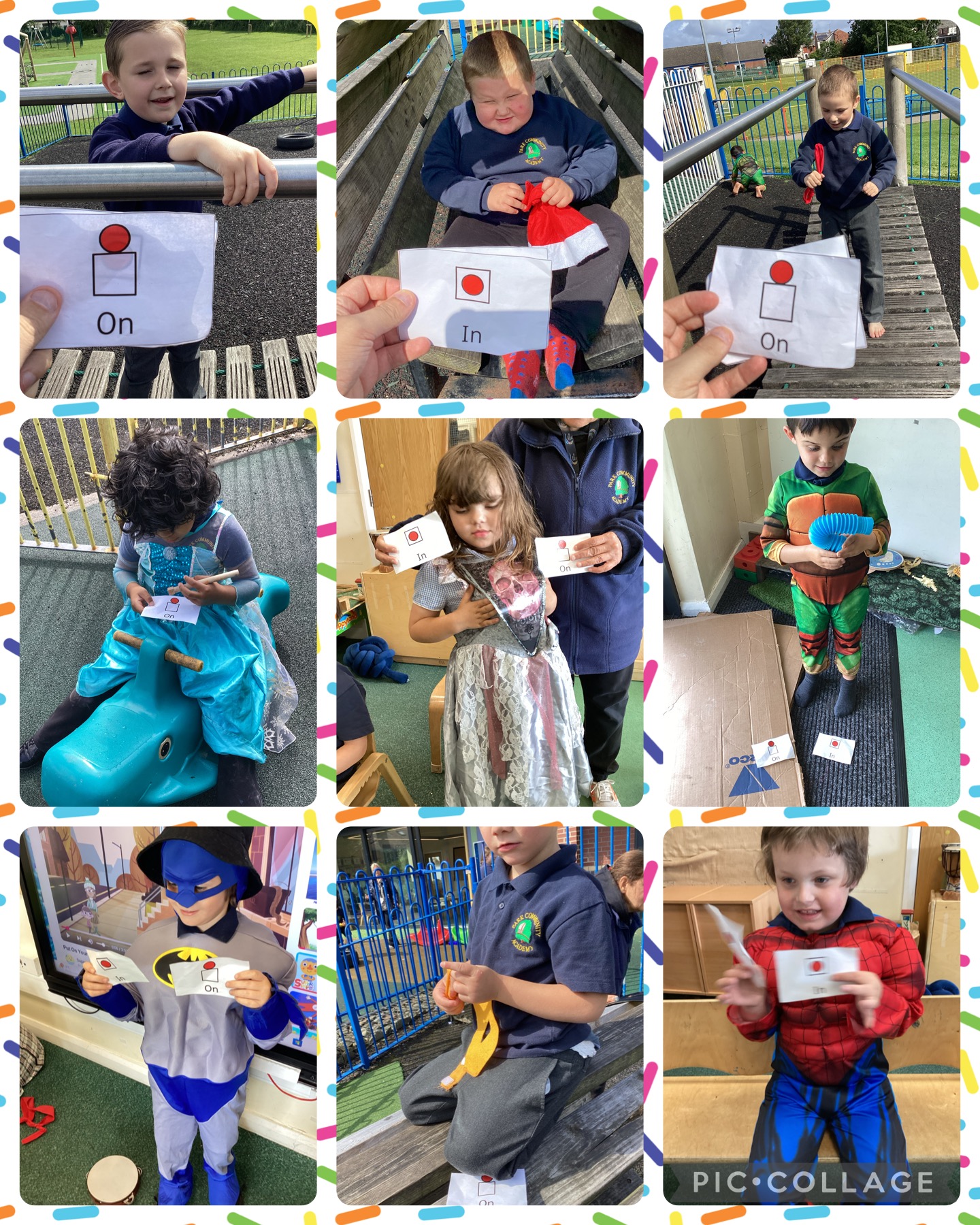 Image of Prepositions with costumes and outside.