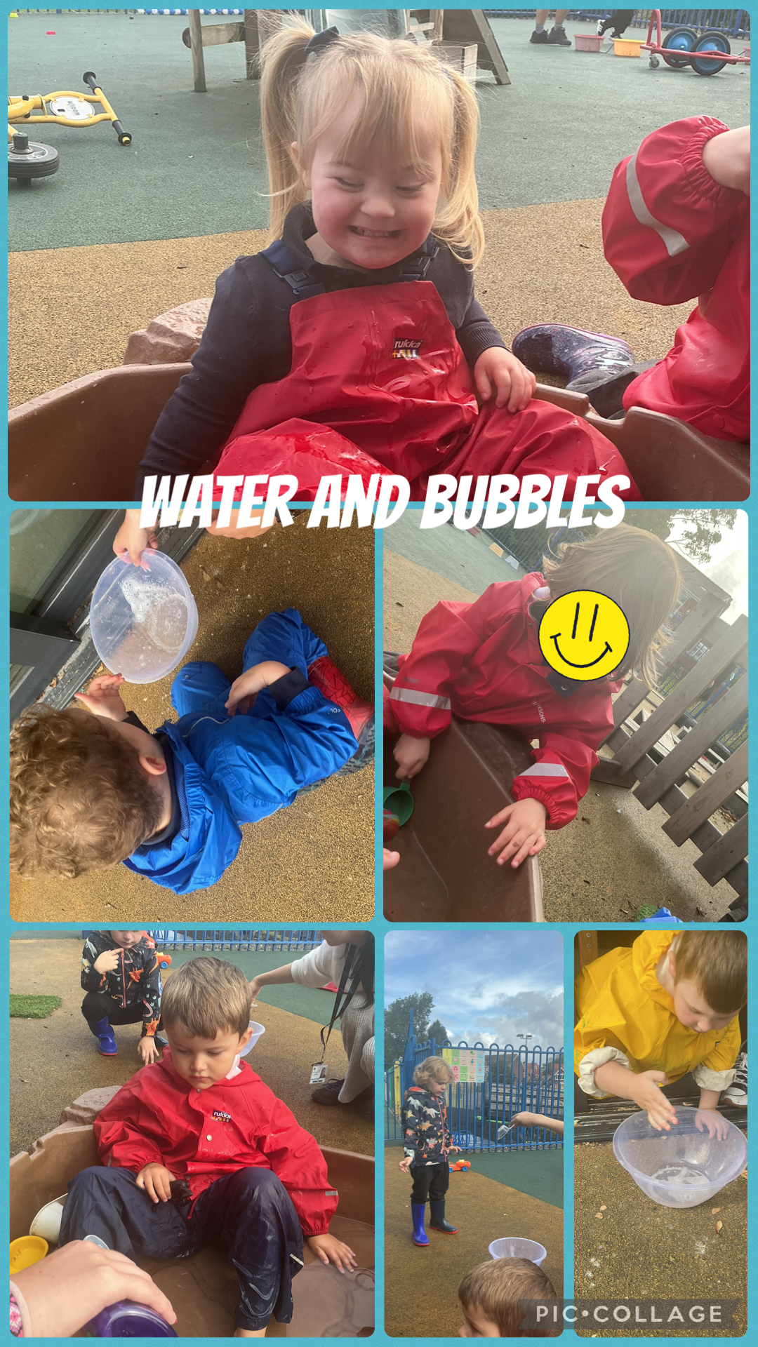 This morning we put on our waterproofs and had a splash around with bubbles, bowls and whisks.