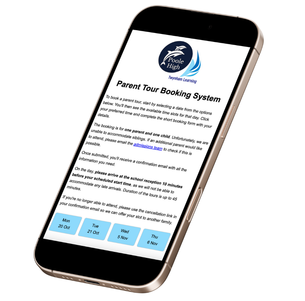 Screenshot of the Poole High Parent Tours application on a smartphone.