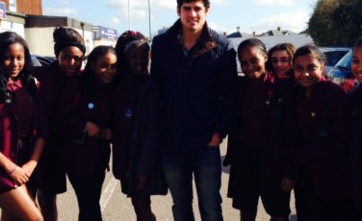 Image of Cricketer Alistair Cook and Year 8 Girls