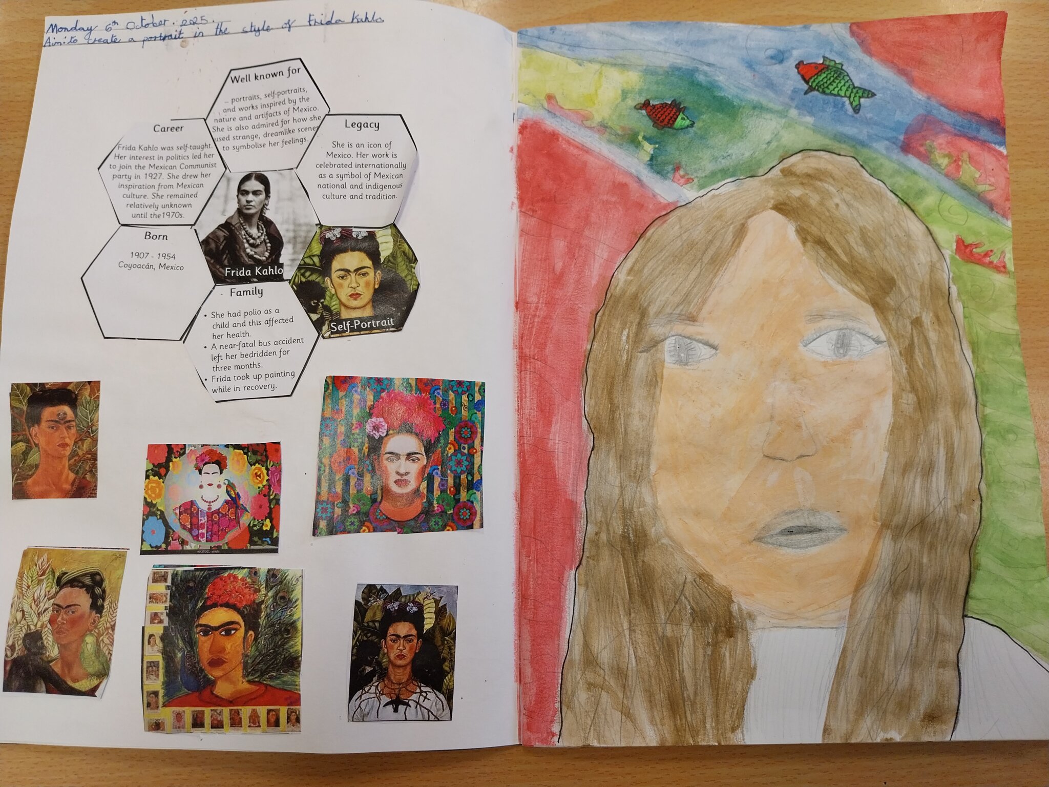 Image of Year 6 portraits based on the work of Frida Kahlo 