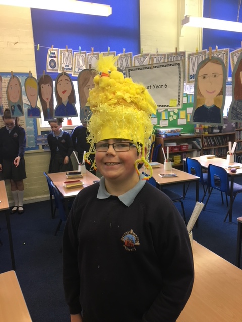 Image of Year 6 Easter hats, hair, decorated eggs and egg hunt.  