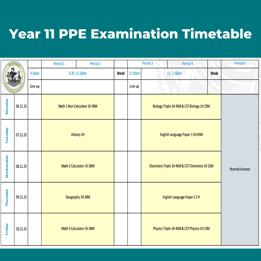 Image of Year 11 PPE Examination Timetable 