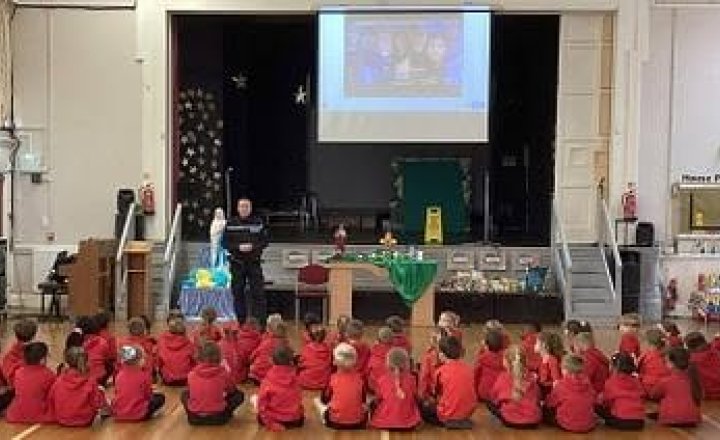 Sacred Heart pupils welcome PC Coggins to help the pupils learn about kindness, respect and inclusion