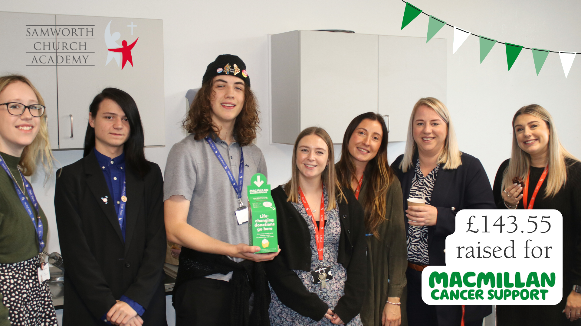 Sixth Form students and staff from Samworth Church Academy with a green donation box for Macmillan Cancer support