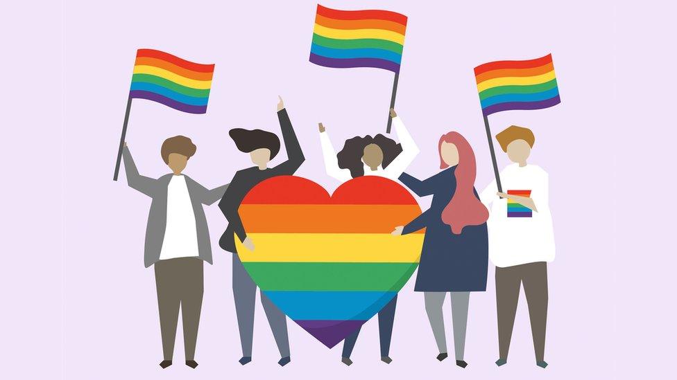 Graphic showing people holding a multi coloured heart and multi coloured flags