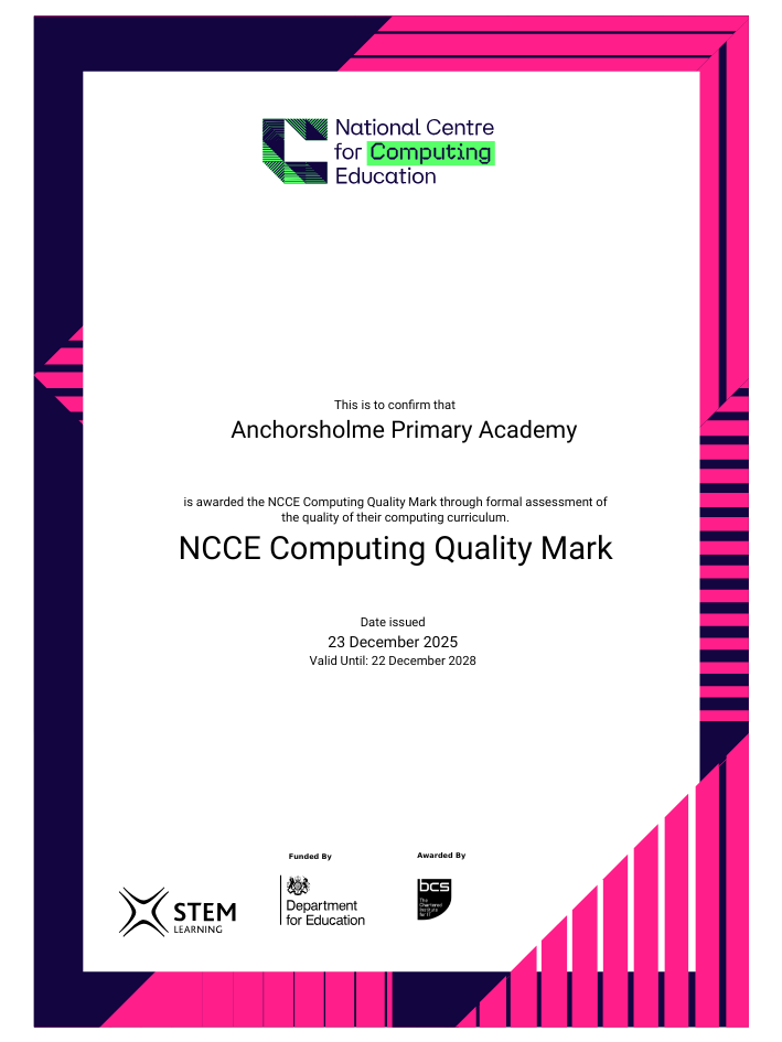 Image of Anchorsholme Academy Awarded NCCE Computing Quality Mark Level 5