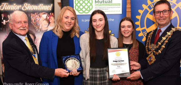 Left to right: Mansfield Rotary President Phil Lyons, head of Sixth Form Year 13 Laura Jones, Samworth Church Academy student Paige Carlton, learning manager Keshia Milne, and Mansfield mayor Andy Abrahams.