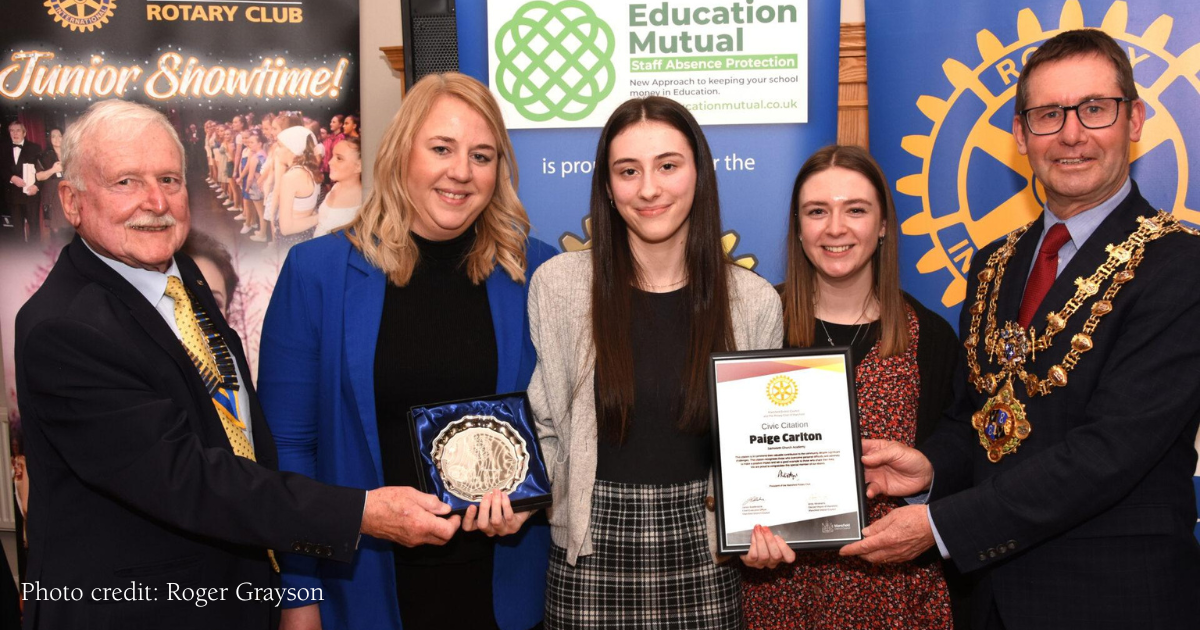Left to right: Mansfield Rotary President Phil Lyons, head of Sixth Form Year 13 Laura Jones, Samworth Church Academy student Paige Carlton, learning manager Keshia Milne, and Mansfield mayor Andy Abrahams.