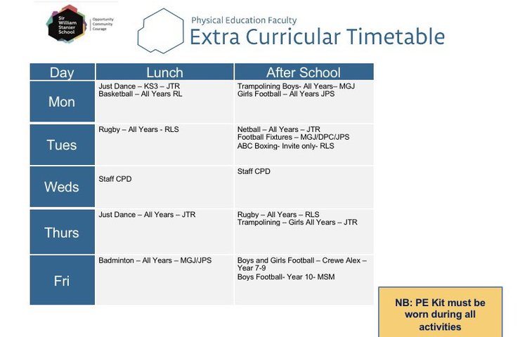Image of Extra Curricular Timetable
