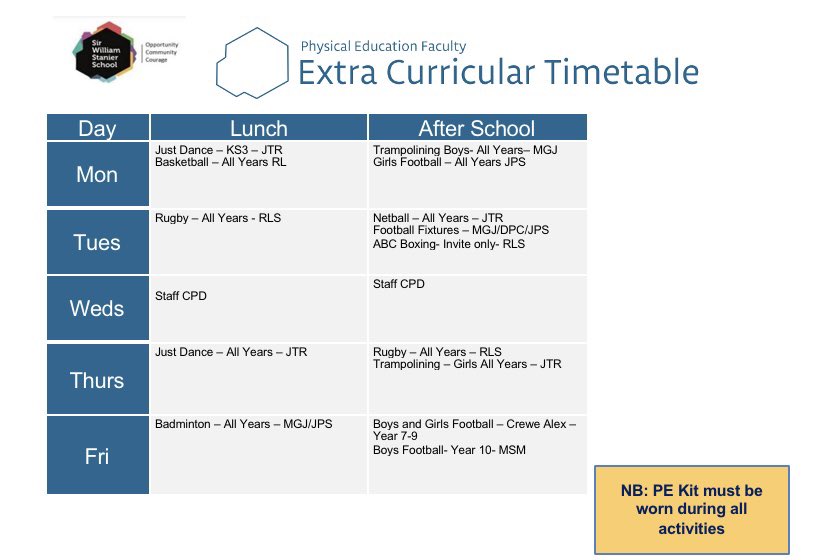 Image of Extra Curricular Timetable