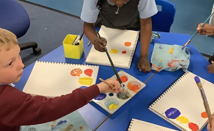 Image of In Art, we have started our painting topic. We have been using the Primary colours and mixing to create Secondary colours.