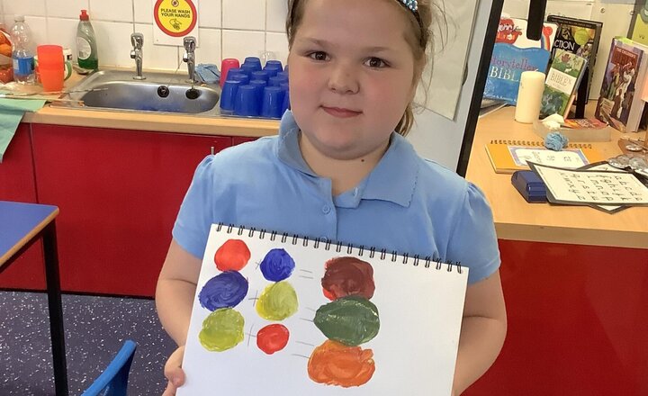 Image of Year 2 artists have been exploring colour mixing this week! They successfully combined the primary colours red, yellow, and blue to create the secondary colours purple, orange, and green. Some children even experimented with mixing warm and cool colours. 