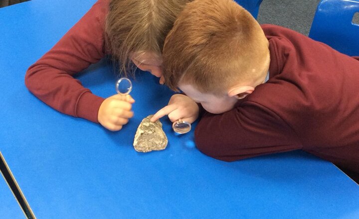 Image of In Science, we have started our new topic of Rocks. We have been exploring various types and looking at them through magnifying glasses. We have learnt that rock is always beneath us, as it is earth's crust