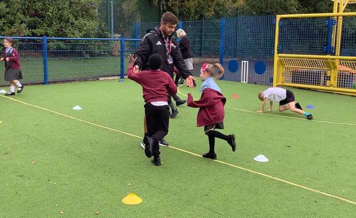 Image of This week we have been very lucky to have PE with Jake from EdStart. Jake will be delivering our PE sessions every Thursday.   This term we are doing JagTag. We learnt how to hold the ball securely, how to run with the ball whilst changing direction.