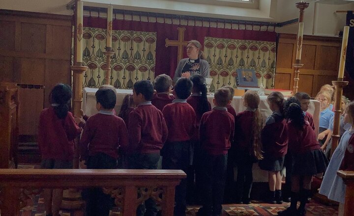 Image of We visited our school church this afternoon to learn why Christians see it as special. We focused on the pulpit, font, altar, lectern, crosses, and the Bible.