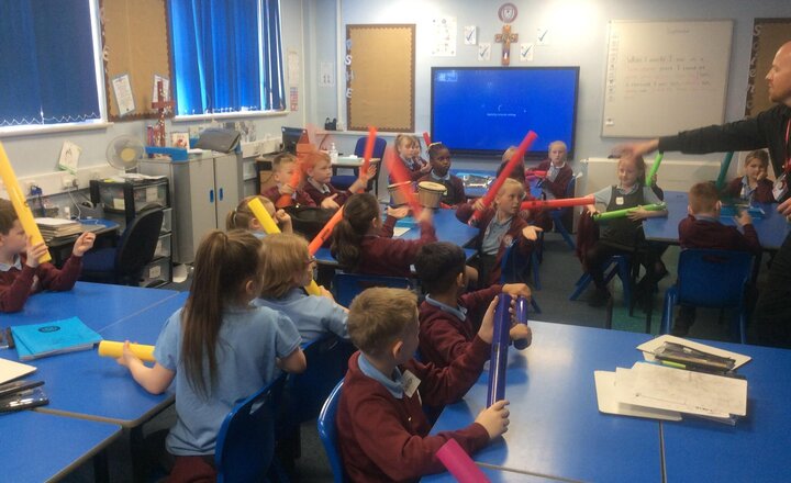 Image of Junior Jam Fun! Today, Year 3 were grooving to the beat! We explored the exciting world of rhythm and pulse. The children had fun using boomwhackers to create a beat.