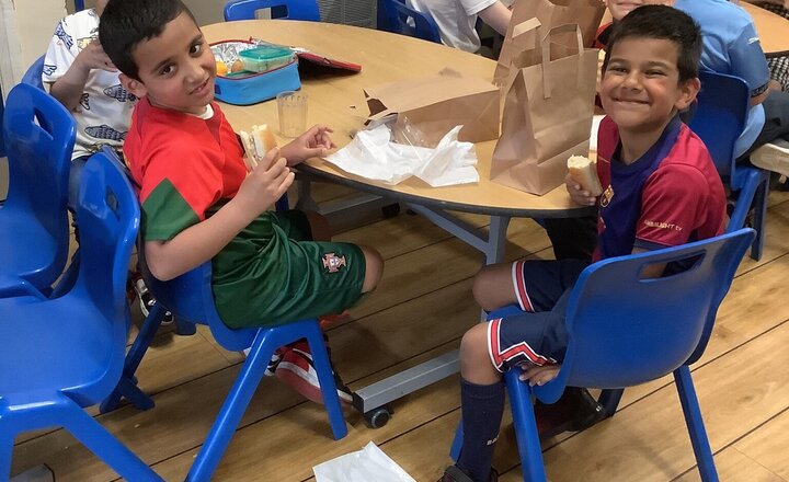 Image of Our VE Day picnic lunch! Thank you so much for your efforts in dressing your children in red, white and blue, they all look fantastic! We really appreciate it.