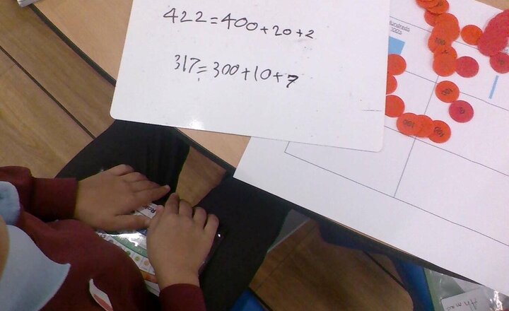 Image of Mrs Hargreaves' group have been working hard on partitioning 3 digit numbers using place value counters to help us. Why not try testing our sticky knowledge at home.