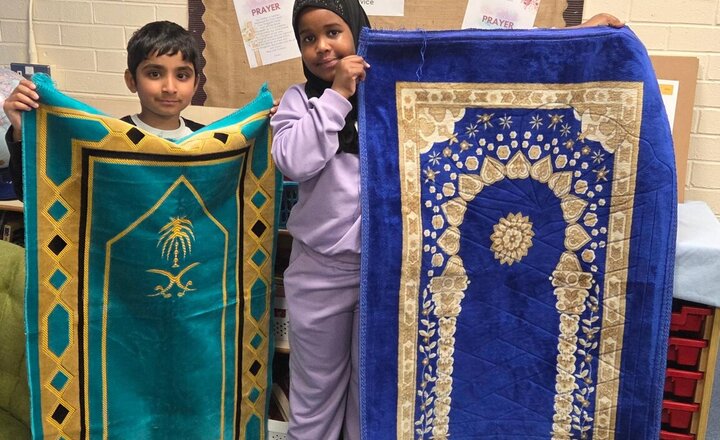 Image of A huge thank you to Ikhlas and Ibaad for sharing their beautiful prayer mats with Year 4 today; it gave us all a fascinating insight into their faith and culture.
