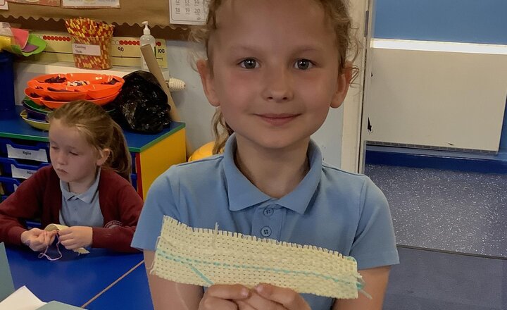 Image of Yesterday in DT we started our hand puppet project. We used binca, a thread and needle to practice our sewing skills. The children did a great job and showed excellent resilience.