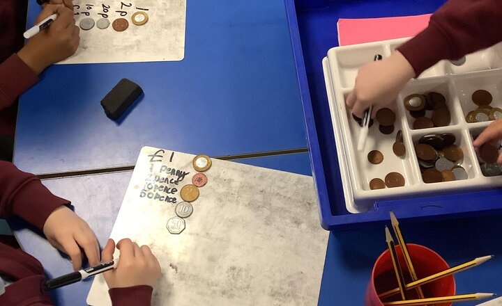 Image of In Maths, our topic is money. This week we have been recognising coins and notes. We have been playing games and pretending to buy items with money to support our understanding of its value.