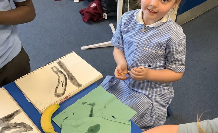 Image of In Art, we have been doing observational painting of fruit and vegetables! We have used black water colour in different ways. They look brilliant!