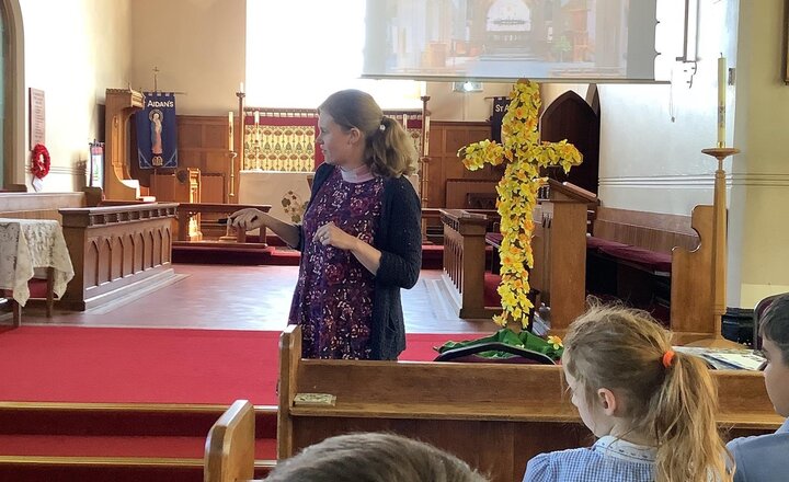 Image of Church exploration this morning! We visited St Aidan’s and Rev. Alice helped us compare its features to other churches.