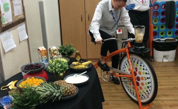 Image of Today in Year 3, we have been very lucky to have the opportunity to use a smoothie bike!